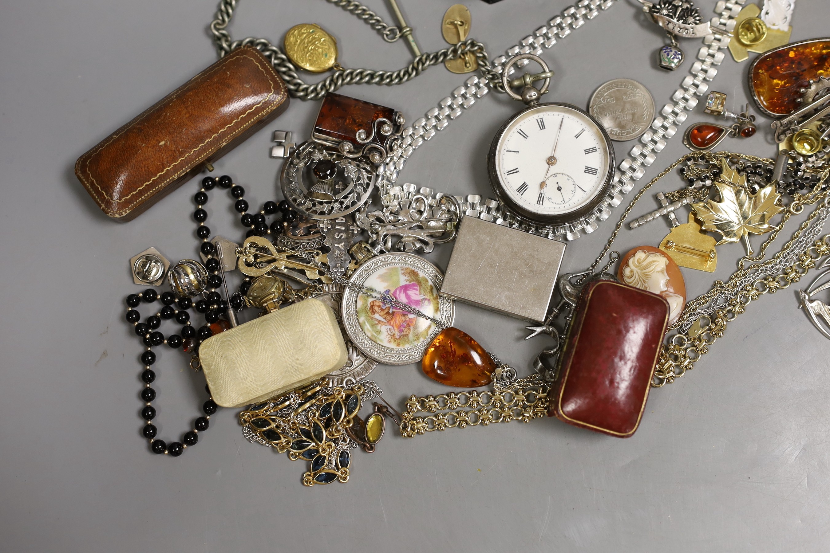 A quantity of assorted costume jewellery and other items including jewellery boxes, a silver open faced pocket watch and a gold plated pocket watch.